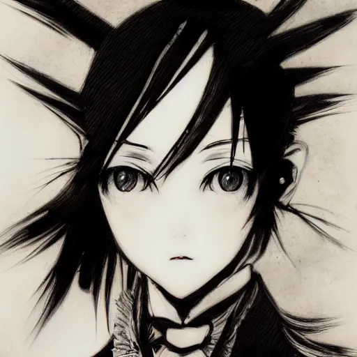 Image similar to Yoshitaka Amano realistic illustration of an anime girl with short white hair and black eyes wearing tuxedo, abstract black and white background, film grain effect, highly detailed, Renaissance oil painting