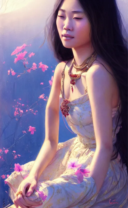 Image similar to a beautiful young charming asian goddess with sundress and jewelry | | winter, realistic shaded, unpleasant face, good looking, fine details, dior, lv, realistic shaded lighting poster by greg rutkowski, macoto takahashi, magali villeneuve, artgerm, jeremy lipkin and michael garmash