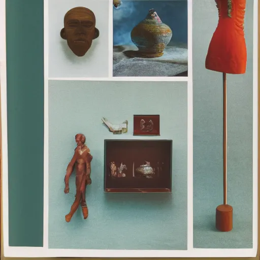 Prompt: A three color offset photography of objects on display, fluorescent, anthropology of wonder, exotic artifacts, colonial expedition, catalog exhibition, 60s style