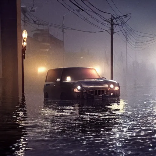 Image similar to realistic extremely detailed photo real portrait of a flood, dusk, elegant, moody muted colors, gregory crewdson, leibovitz, octane render, 4 k