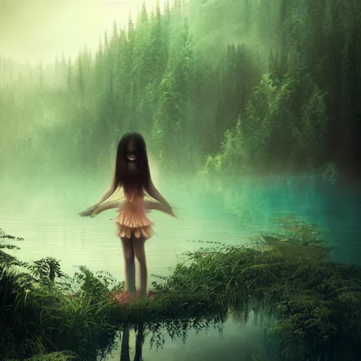 Image similar to forest girl child in a lake by ross tran, natural, fantasy, fog, artwork