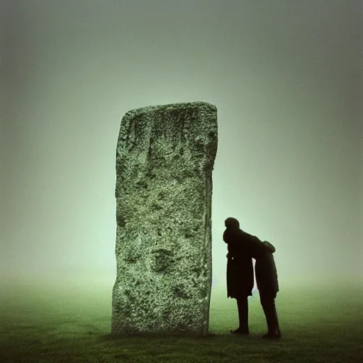 Prompt: arm reaching out of thick fog, stonehenge, holocaust memorial stone blocks, zdzislaw beksinski