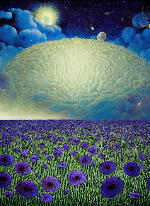 Image similar to detailed, intricate blue black and purple papaverum flower on the field, nebula, galaxy in the sky, winning award masterpiece, fantastically beautiful, illustration, aestheticly inspired, jacek yerka, upscale with anguissola sofonisba work, artstation, 8 k