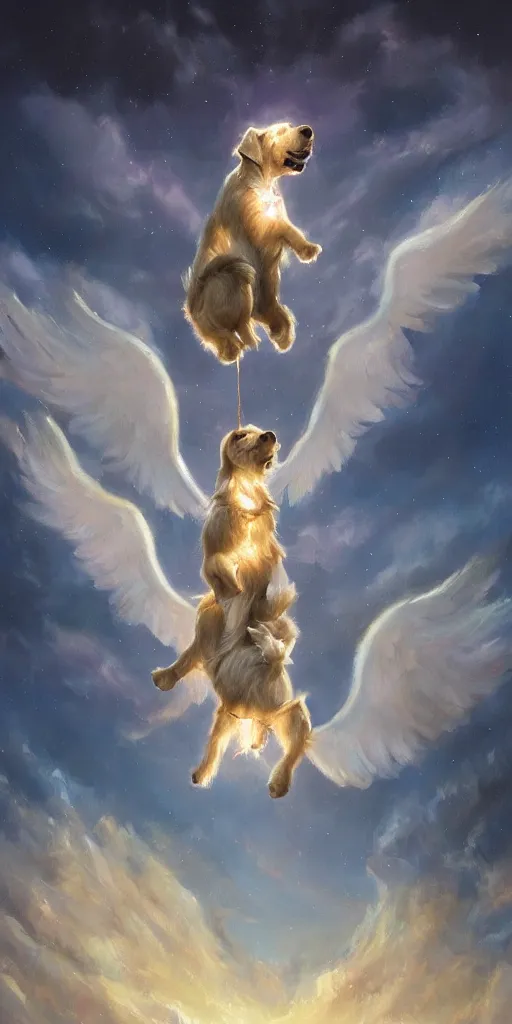 Prompt: one single dog being lifted up by heavenly angelic lights from heaven, oil painting, angelarium artist, irisdecent light