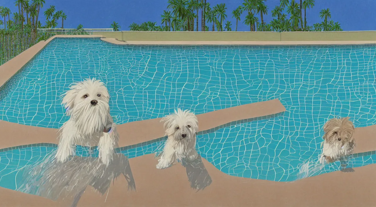 Image similar to medium shot of one cream colored havanese dog swimming in a swimming pool at a mid century modern house in palm springs by david hockney