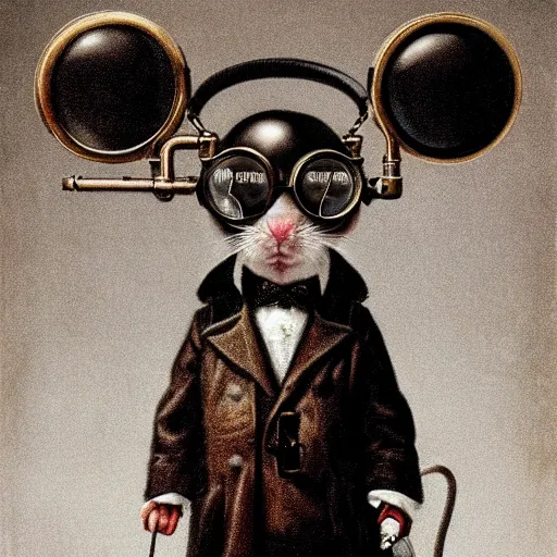 Image similar to a rat with steampunk googles, by Gottfried Helnwein