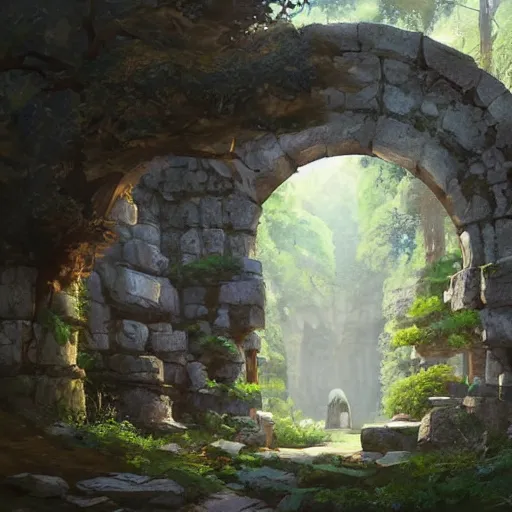 Image similar to concept art painting of an ornate ancient stone archway, in the woods, realistic, detailed, cel shaded, in the style of makoto shinkai and greg rutkowski and james gurney