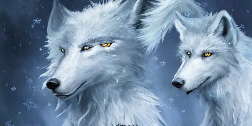 Prompt: a fantasy white wolf with blue in the snow, artwork by sandara, realistic painting, digital art, very detailed, matte painting, concept art, deviantart, artstation, pixiv