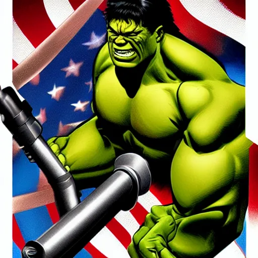 Image similar to hulk as president of united states, with huge bazooka, on car, unreal engine art, detail, by kresto the artist