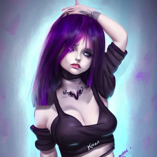 Prompt: kerli koiv animel goth girl with purple hair in mini skirt and crop top intricate, extremely detailed, artstation, 8 k, sensual lighting, incredible art, wlop, artgerm