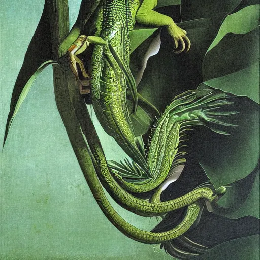 Image similar to majestic painting of a green basilisk by Michelangelo Merisi da Caravaggio