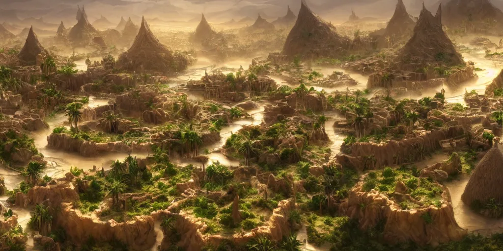 Image similar to Sprawling bustling high fantasy oasis desert village flowing with water, Cinematic Matte Painting, Insanely Detailed, Award Winning, Trending on Artstation, 8k, UHD