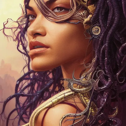 Prompt: Shanina Shaik as Medusa, frowning, scowl, snakes for hair, intricate, elegant, highly detailed, digital painting, artstation, concept art, smooth, sharp focus, illustration, art by artgerm and greg rutkowski and alphonse mucha