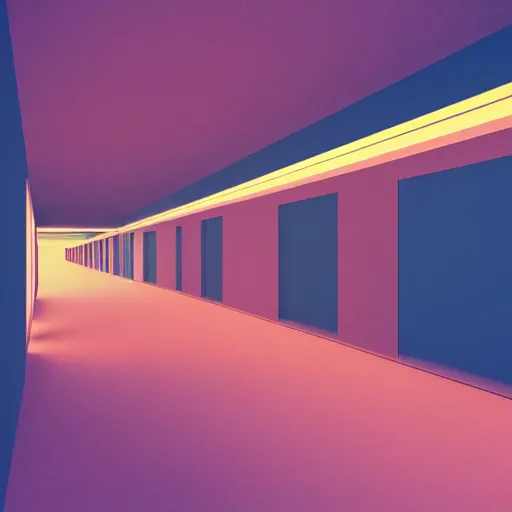 Prompt: noisy color photograph of a retrofuturist liminal space, twisting hallways, minimalist, cinematic, soft vintage glow, 3d render, photorealism