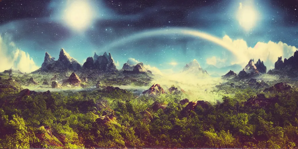 Prompt: vintage polaroid analog photo of an alien planet, gigantic mountains, big clouds, lush foliage, stars in the sky, 8k, unreal engine, warm azure tones, heavy lensflare, color bleed, film grain