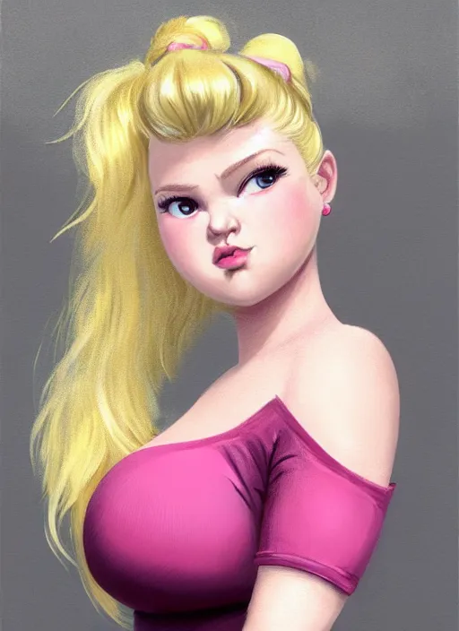 Prompt: full body teenage betty cooper, blonde hair, obese, bangs, ponytail, sultry, realistic, sultry smirk, ponytail, fluffy bangs, curly bangs, fat, belly, beautiful girl, intricate, elegant, highly detailed, digital painting, artstation, concept art, smooth, sharp focus, illustration, art by wlop, mars ravelo and greg rutkowski