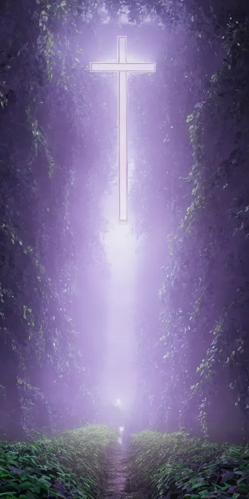 Image similar to a christian cross as the light at the end of the tunnel, with pale purple and pale pink lighting, with a few vines and overgrowth, studio ghibli, cinematic, realistic painting, high definition, digital art, symmetrical, very detailed, extremely high detail, photo realistic, concept art, unreal engine 5,