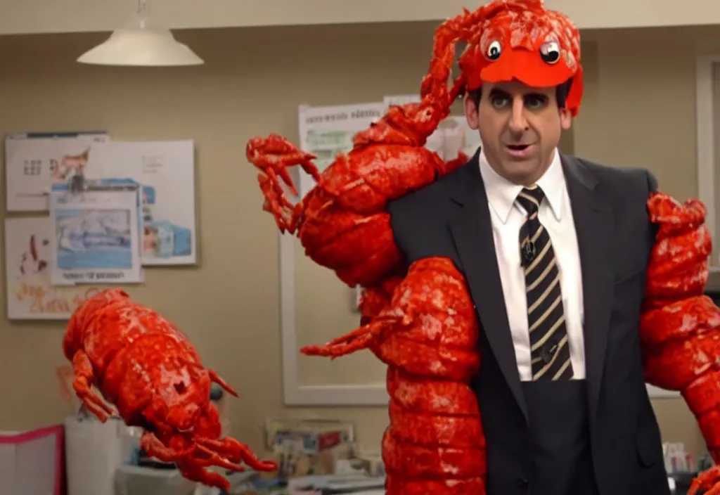 Prompt: michael scott in lobster costume, video still from the office tv show