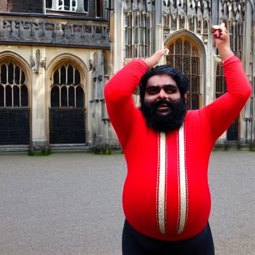 Image similar to fat hairy indian guy looking drunk out the front of Kings College Cambridge UK wearing a leotard and big red bow in his hair and dancing