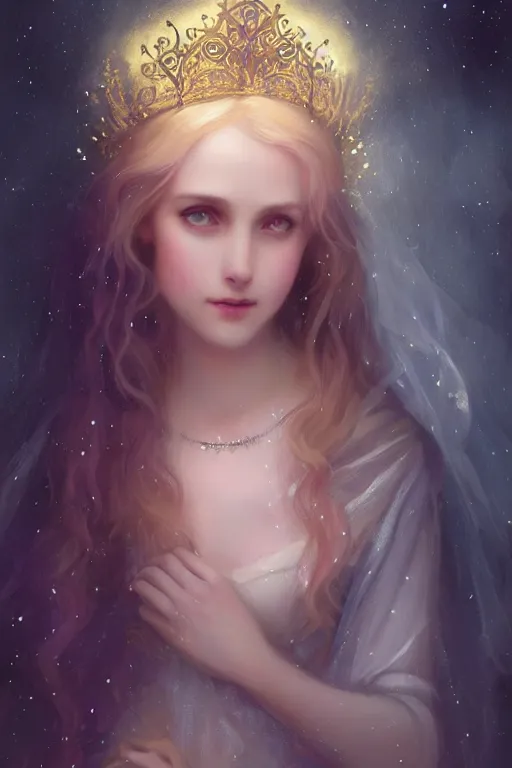 Image similar to Nocturne, glowing, stars, beautiful sly fae bohemian girl, long blonde hair, tiara, medieval gown, highly detailed, mysterious, ethereal, sigils, haute couture, illustration, dramatic lighting, soft details, painting, by Edmund Blair Leighton, Brom, Charlie Bowater, trending on artstation, faces by otto schmidt