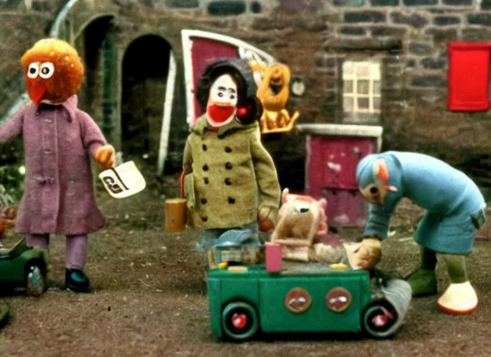 Prompt: a scene from a 1 9 7 0 s british kids tv programme by the bbc and oliver postgate, stop motion animation, postman pat, vhs distortion, folk horror, hauntology