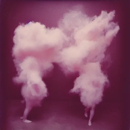 Prompt: polaroid of dancers that are made from cotton candy, smoke and clouds, wearing giant paper masks, mix, DADA collage, texture, lomography, fashion neon light