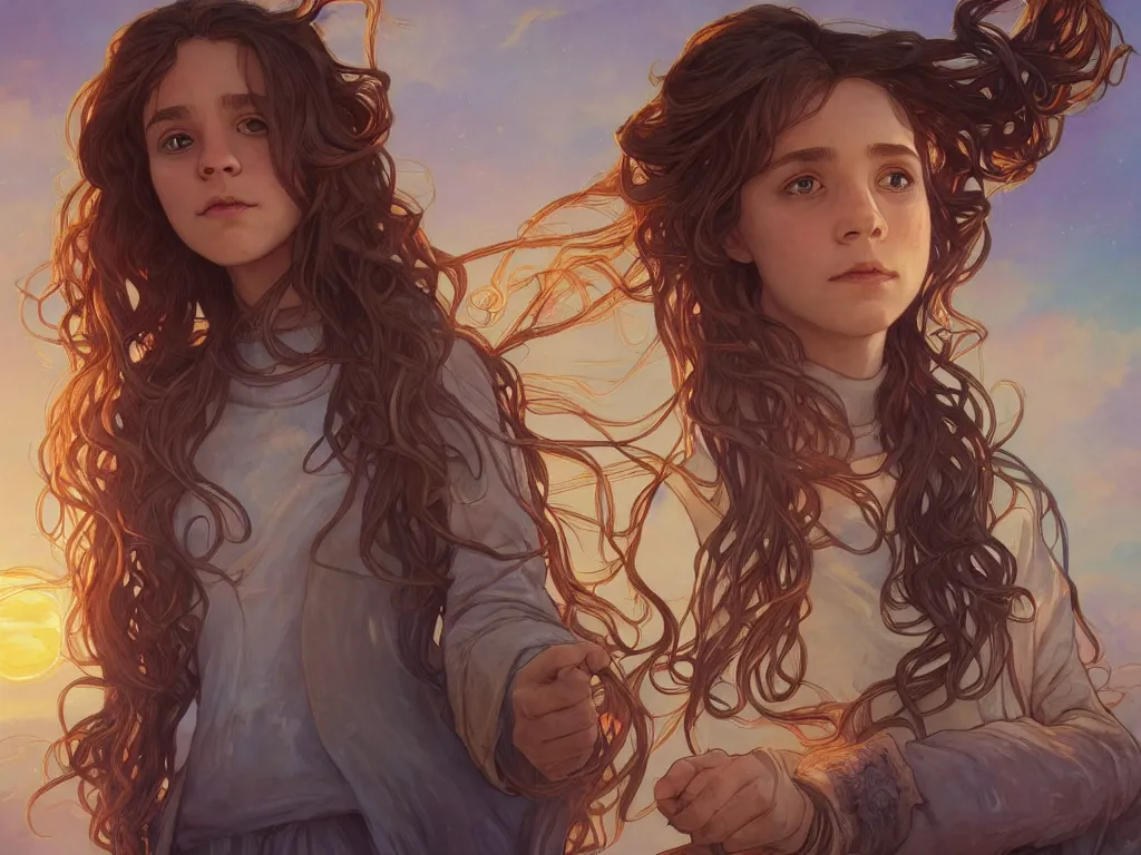 Image similar to hermione granger with hogwarts as background at sunset, highly detailed, gold filigree, romantic storybook fantasy, soft cinematic lighting, award, disney concept art watercolor illustration by mandy jurgens and alphonse mucha and alena aenami, pastel color palette, featured on artstation