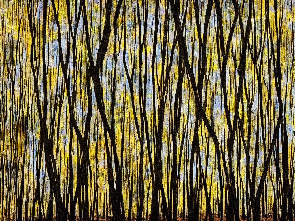 Image similar to double exposure photograph of tens of eucalyptus trees, soft light, autumn, in the style of basquiat and klee