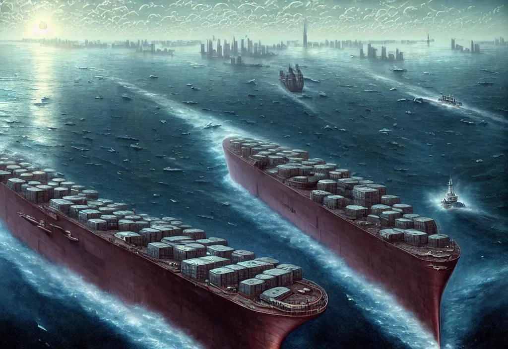 Image similar to one enormous gigantic steel ship - shaped fortress - city sailing across an icy cold ocean. masterpiece, cinematic, hyperdetailed, photorealistic, hyperrealism, octane rendering, depth of field, bokeh, architecture, shadows, aerial view, art by tom bagshaw, geof darrow, james gurney, filip hodas