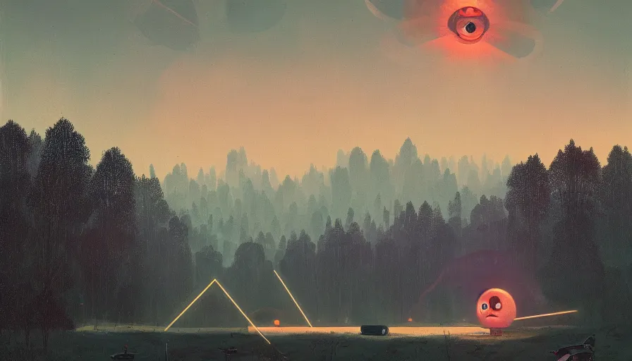 Prompt: mirror hexagons eyes in the sky, blocking the sun, simon stalenhag