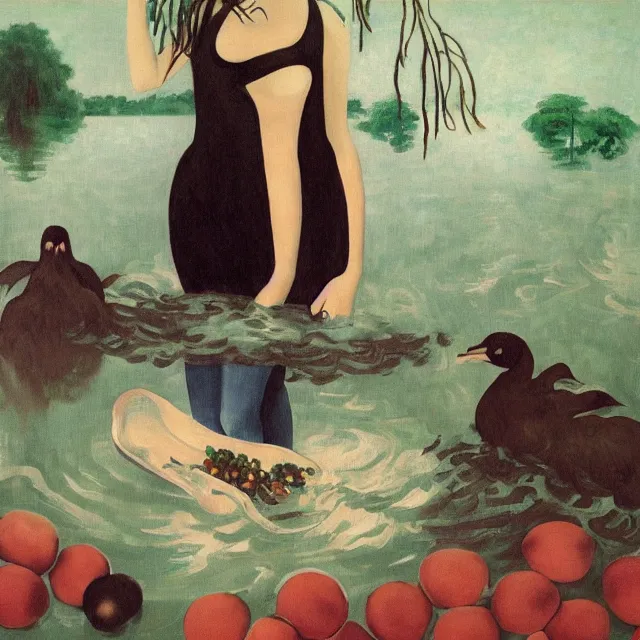Prompt: tall emo female artist holding a pig's trotter in her flooded kitchen, pomegranates, octopus, water gushing from ceiling, painting of flood waters inside an artist's apartment, a river flooding indoors, ikebana, zen, rapids, waterfall, black swans, canoe, berries, acrylic on canvas, surrealist, by magritte and monet