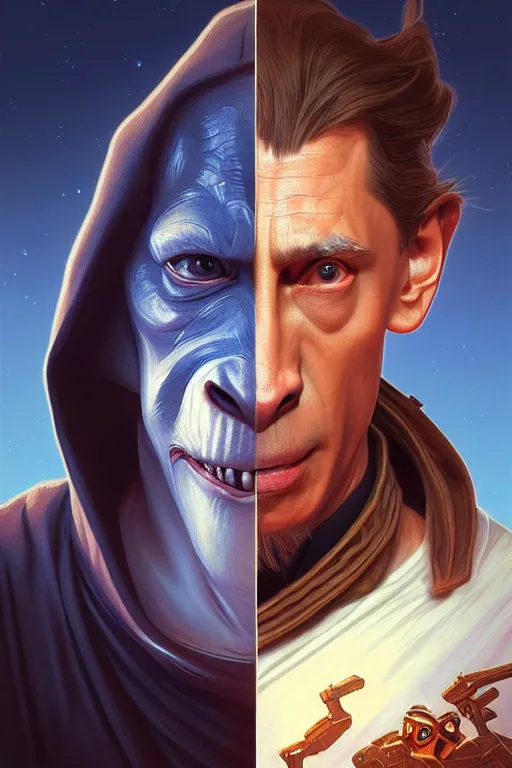 Image similar to vladimir putin as jar jar binks from star wars, realistic portrait, symmetrical, highly detailed, digital painting, artstation, concept art, smooth, sharp focus, illustration, cinematic lighting, art by artgerm and greg rutkowski and alphonse mucha