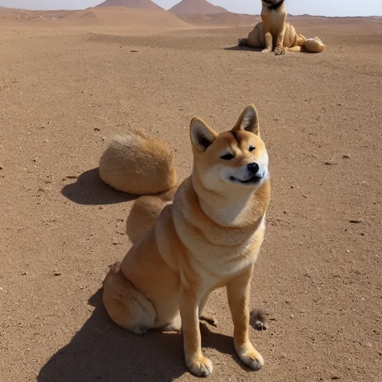 Image similar to in the middle of the egyptian desert, there is a shiba-inu sphinx