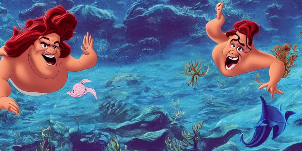 Image similar to a film still of Jack Black in little mermaid, high quality