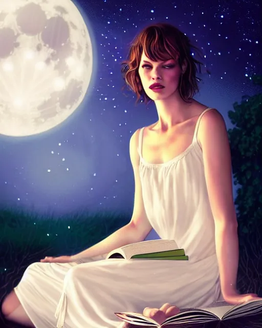 Image similar to milla jovovich in white nightgown reading a book by the river, a full moon on the horizon, dark starry sky, dreamy fantasy ambience with golden orbs and fireflies, detailed gothic illustration bright moon light, by charlie bowater, brom