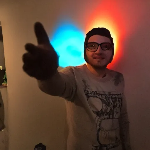 Image similar to soyjak pointing at an glowing anomaly