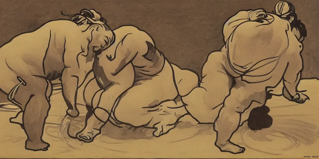 Prompt: sumo wrestling, Alphonse Mucha