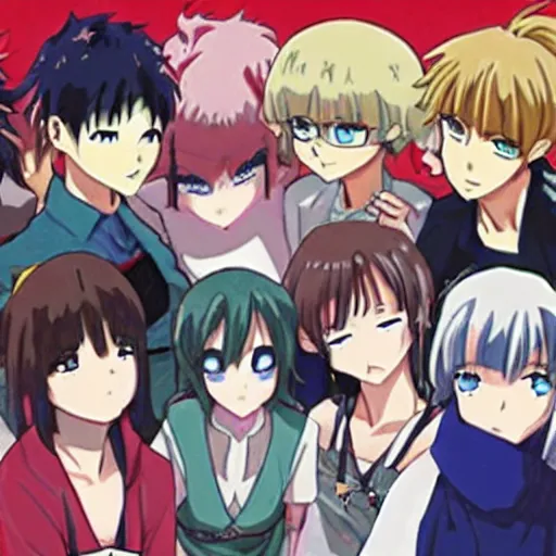 Image similar to there were eight anime people, no more than eight. Less than nine but more than seven, eight eight eight, 2 girls 6 guys