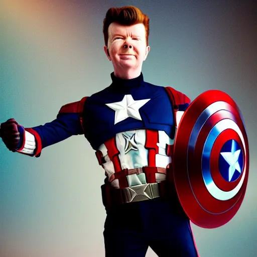 Image similar to a portrait of a Rick Astley as a captain America ,HDR, natural light, shoulder level shot, dynamic pose, award winning photograph, Mucha style, 8k,