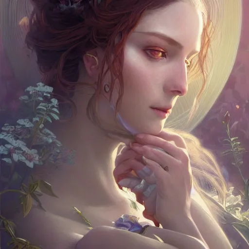 Image similar to portrait of female transcendental creature, D&D, fantasy, intricate, elegant, highly detailed, digital painting, artstation, concept art, smooth, sharp focus, illustration, art by artgerm and greg rutkowski and alphonse mucha