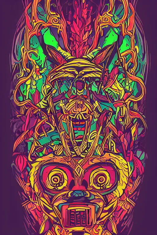 Image similar to animal mask totem roots flower tribal feather gemstone plant wood rock shaman vodoo video game vector cutout illustration vivid multicolor borderlands comics by josan gonzales and dan mumford radiating a glowing aura