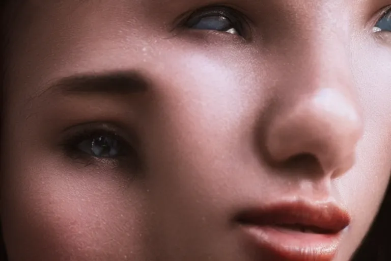 Image similar to an amazing photo, extreme close-up of the face of a young woman exercising, award winning photo, very detailed, cinematic, beautiful lighting effects