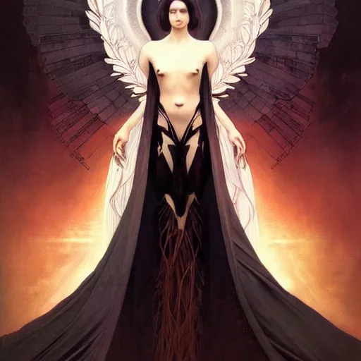 Image similar to A Symmetrical composition portrait of A beautiful!!!! angel in black flames by Ross Tran!! and alphonse mucha and greg rutkowski! and Zdzisław Beksiński!!,In style of digital art.dark Fantasy,smooth,hyper detailed,sharp focus,Soft light.4k