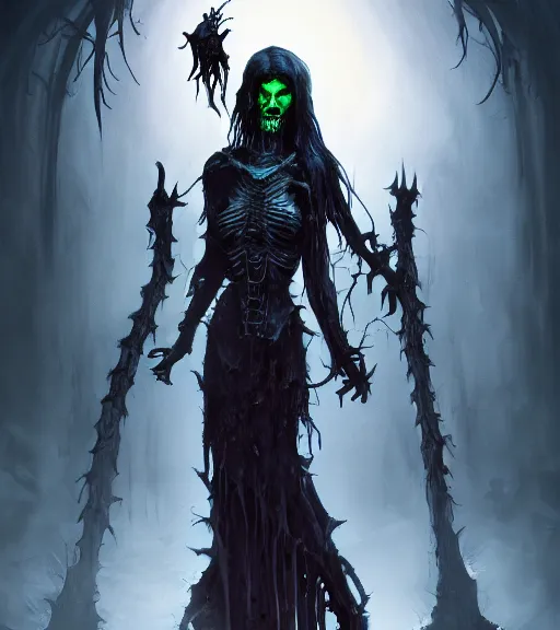 Image similar to gothic necrolord female with zombie servents, digital painting, liminal eerie midnight backlit, a picture taken by Michael Komarck and Daniel Ljunggren