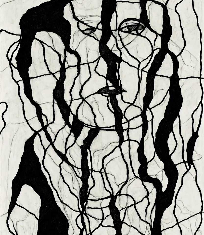 Prompt: monochrome lineography contour lines of leonard cohen inspired by egon schiele, jean de beaugrand,.