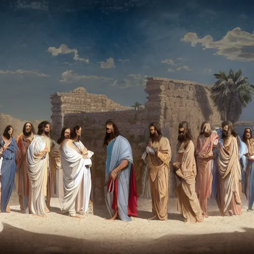 Prompt: an extremely detailed matte painting of a ridiculously good looking jesus that looks like a jewish gigachad with his 1 2 apostle entourage, long curly hair, elegant ancient greek dress, very detailed, windy beach, beautiful, intricate, cinematic, artstation, william bouguereau, alphonse mucha, greg rutkowski, rossdraws, octane render