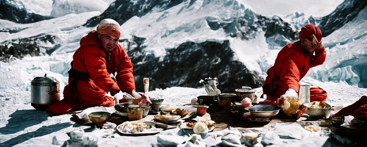 Image similar to the best chef in the world making a meal on top of mount everest, canon 5 0 mm, cinematic lighting, photography, retro, film, kodachrome