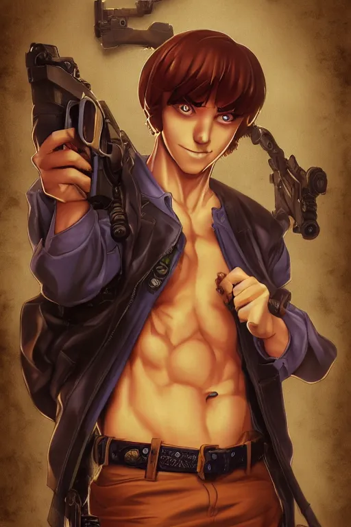 Prompt: scooby doo holding a gun, character art portrait, anime key visual, official media, illustrated by tom bagshaw, wlop, kentaro miura, extremely detailed, 8 k, trending on artstation, cinematic lighting, beautiful