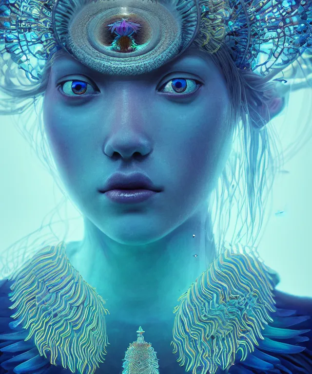 Image similar to symmetrical, centered, close-up portrait of goddess wearing crown made of betta fish, phoenix, bioluminiscent elements, intricate artwork by Tooth Wu and wlop and beeple. octane render, trending on artstation, greg rutkowski very coherent symmetrical artwork. cinematic, hyper realism, high detail, octane render, 8k