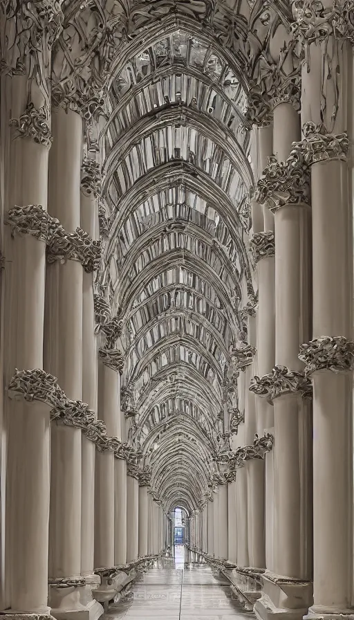 Prompt: a stunningly detailed architectural model of a colonnade courtyard with rusticated shiny white arches that looks like a gothic cathedral on display in a museum. Transparent glowing gills. Neon effect. The interior looks like heaven, awe, wow, highly detailed, product photography, well lit, 8k